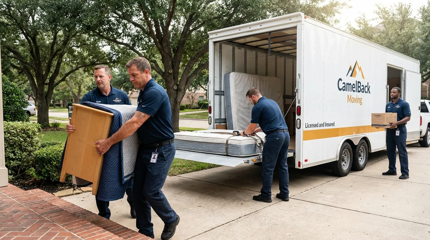 Crew loading residential truck for cross-state move from Okmulgee, OK