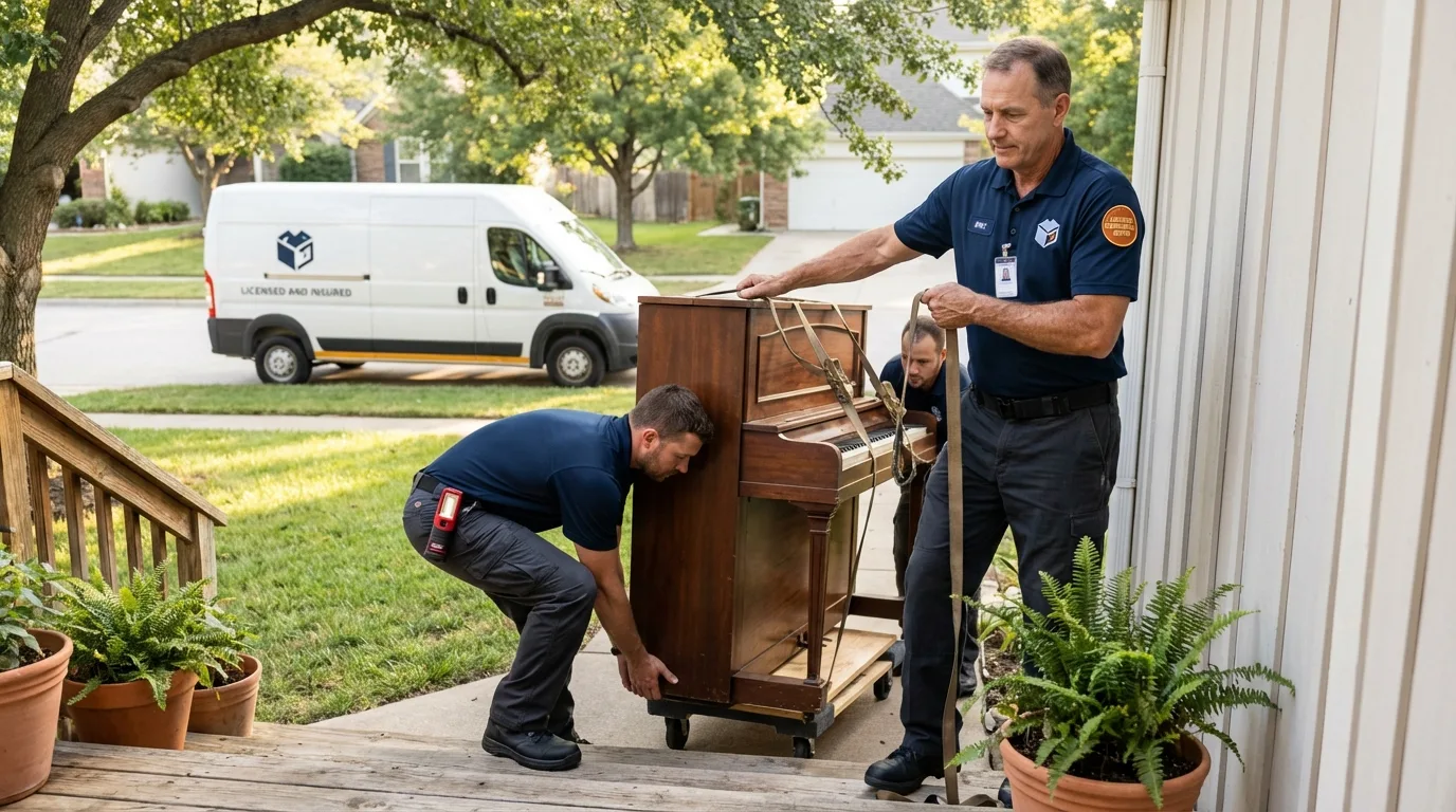 Licensed piano movers securing grand piano in Okmulgee, OK
