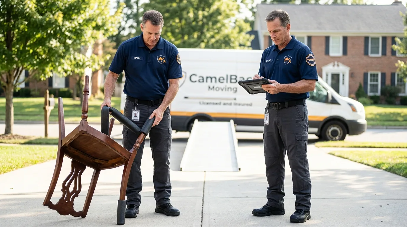 Movers inspecting furniture for damage prevention before loading in Okmulgee, OK