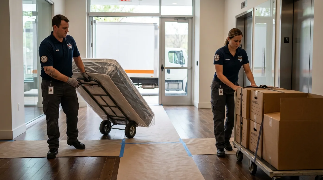 Professional apartment movers loading elevator in Okmulgee, OK