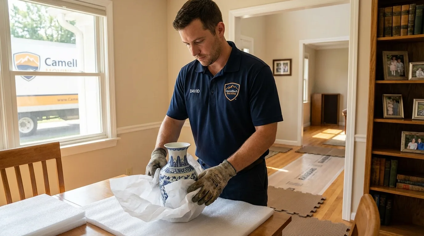 Professional crew carefully wrapping antique vase for senior downsizing move in Okmulgee, OK
